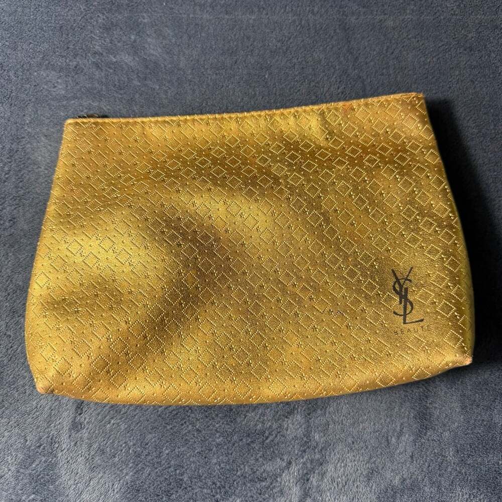 Yves Saint Laurent YSL Beaute Gold Metallic Monogram Cosmetic Zipper Pouch Bag